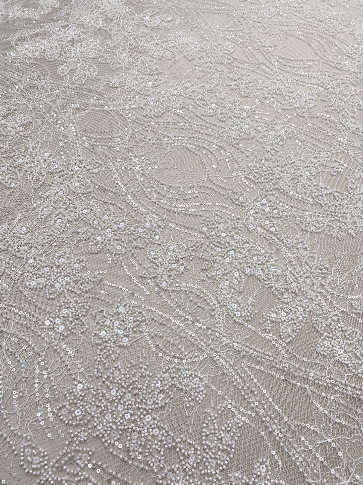 Soft French Chantilly Flower Beaded Lace Fabric, Bridal Wedding Dress Lace, Embroidery Floral Sequin Lace by the Yard