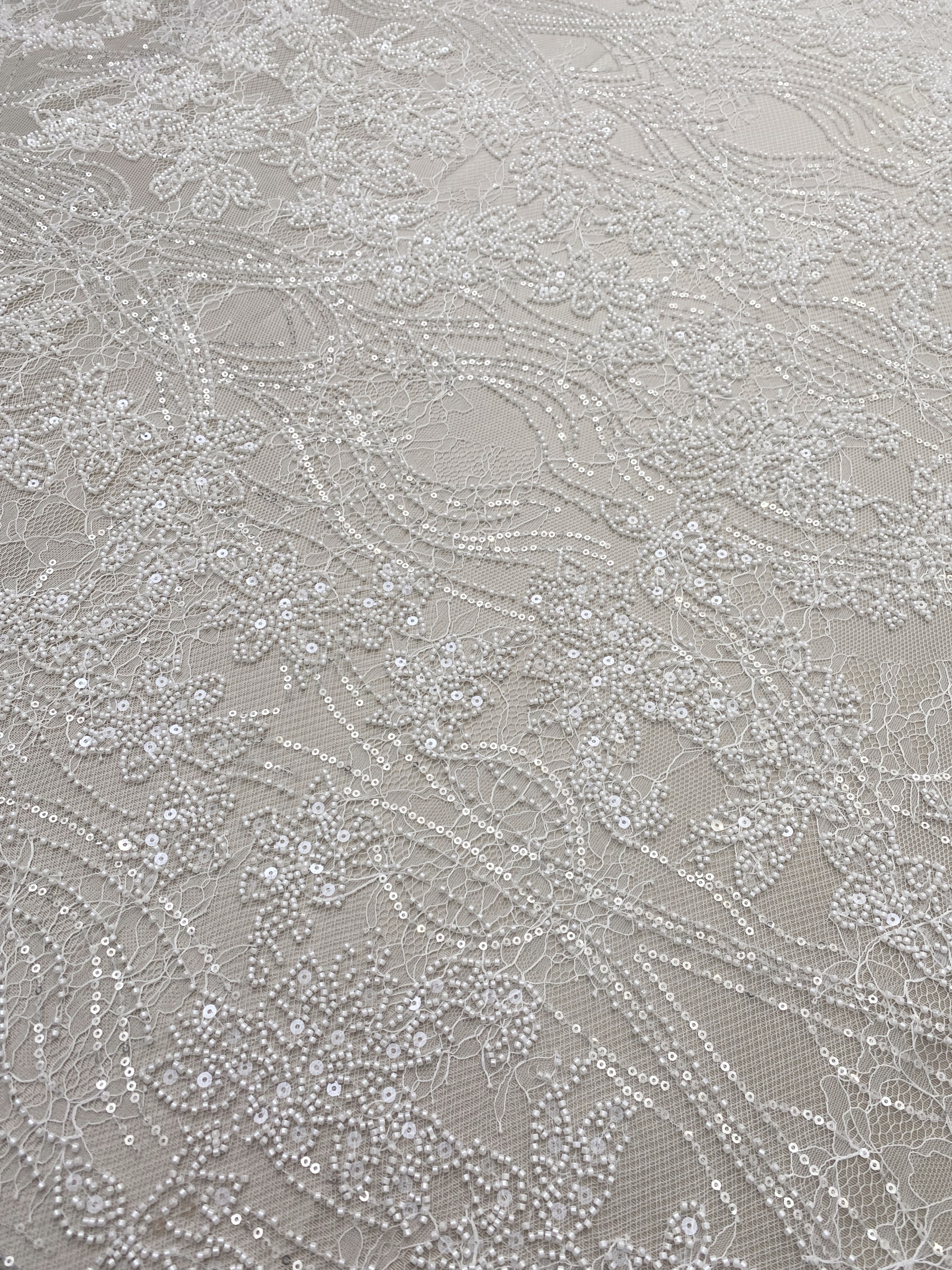 Soft French Chantilly Flower Beaded Lace Fabric, Bridal Wedding Dress Lace, Embroidery Floral Sequin Lace by the Yard