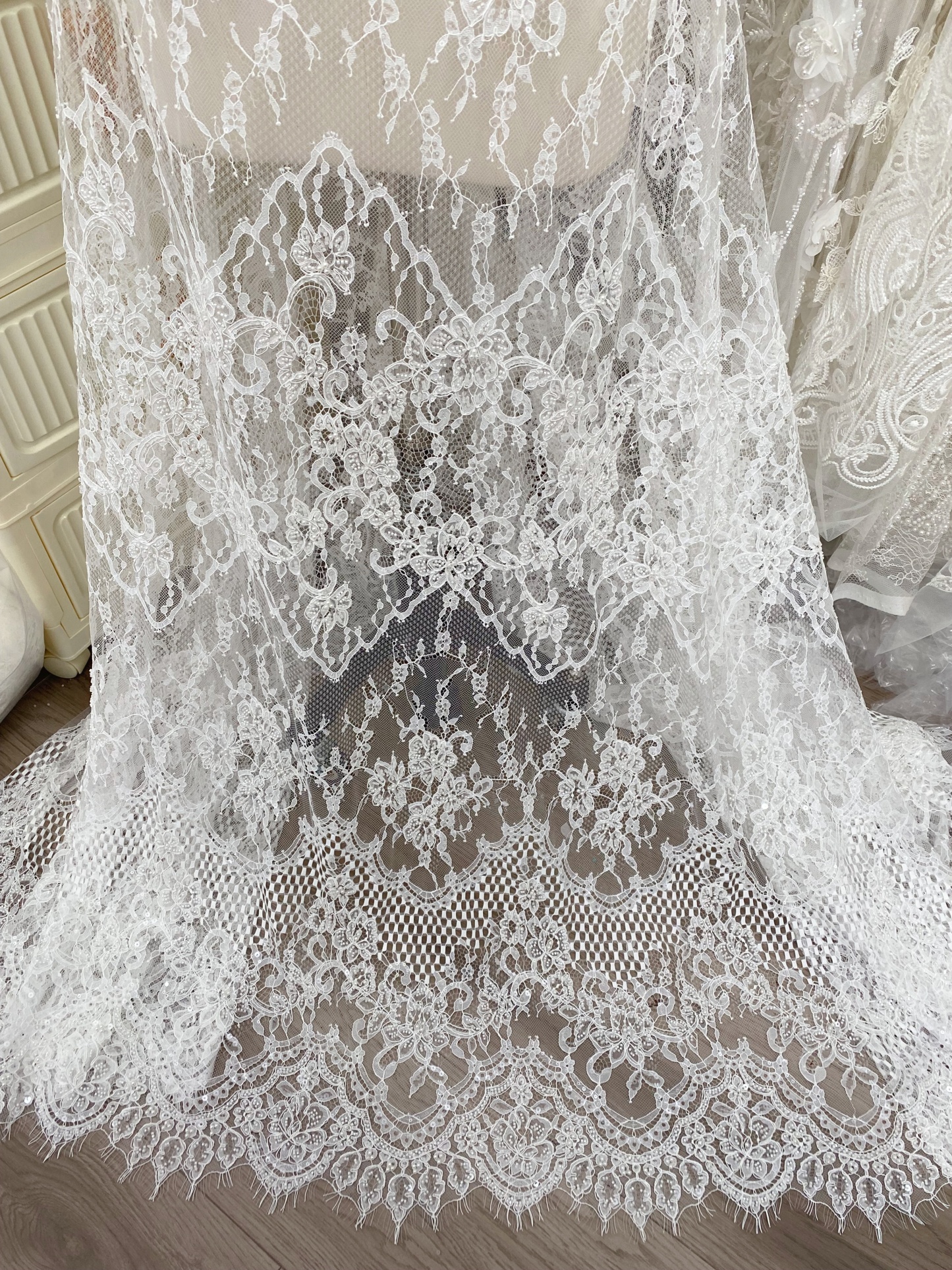 Ivory Beaded Chantilly Lace Fabric for Wedding Dress,Bridal Gown Veil,Sold by 3 Meter