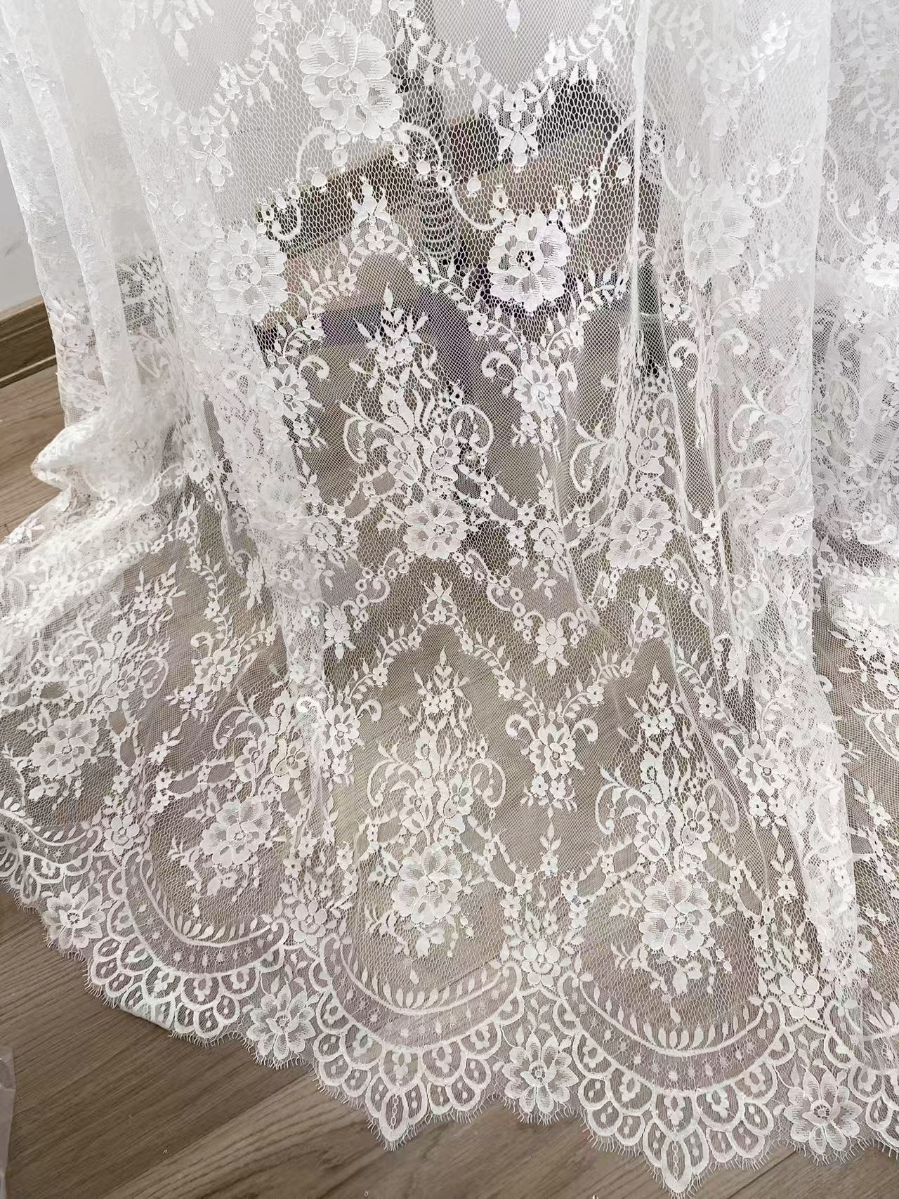 Soft Light French Chantily Eyelash Lace for Wedding Dress, Bridal Gown, Classic Lace Top Overlay, White Lace Fabric DIY Bridal Dress 