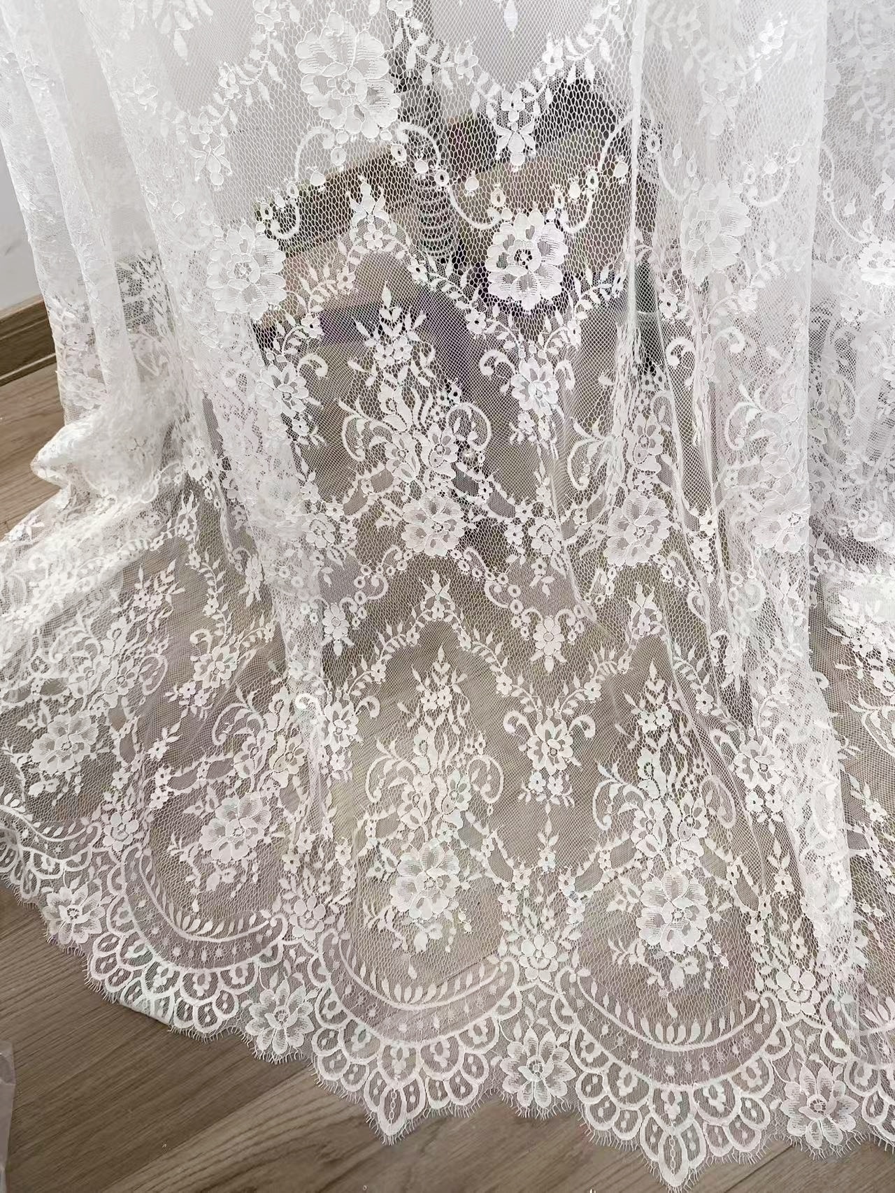 Soft Light French Chantily Eyelash Lace for Wedding Dress, Bridal Gown, Classic Lace Top Overlay, White Lace Fabric DIY Bridal Dress 