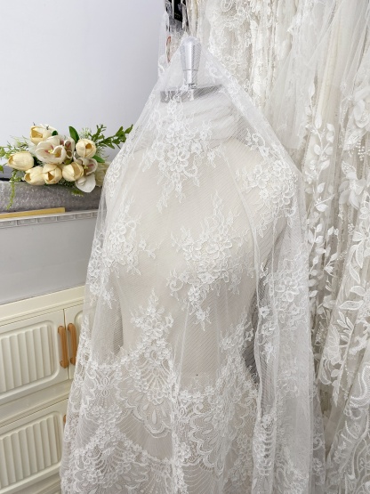 3 Meters French Chantilly Lace Fabric with Corded and Eyelash, Floral Embroidery Lace Scallop Edges for Bridal Wedding Dress, Veil