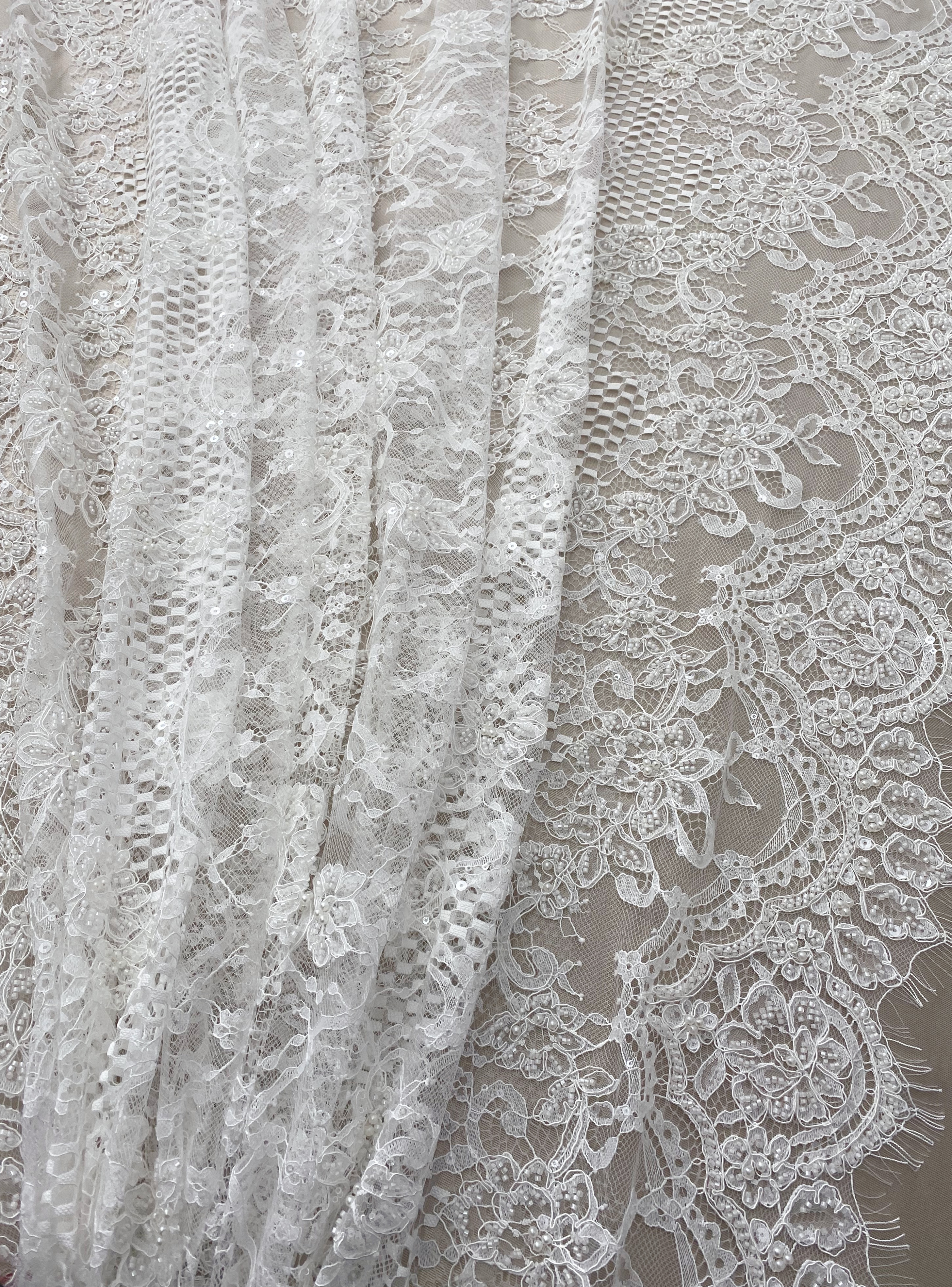 Ivory Beaded Chantilly Lace Fabric for Wedding Dress,Bridal Gown Veil,Sold by 3 Meter
