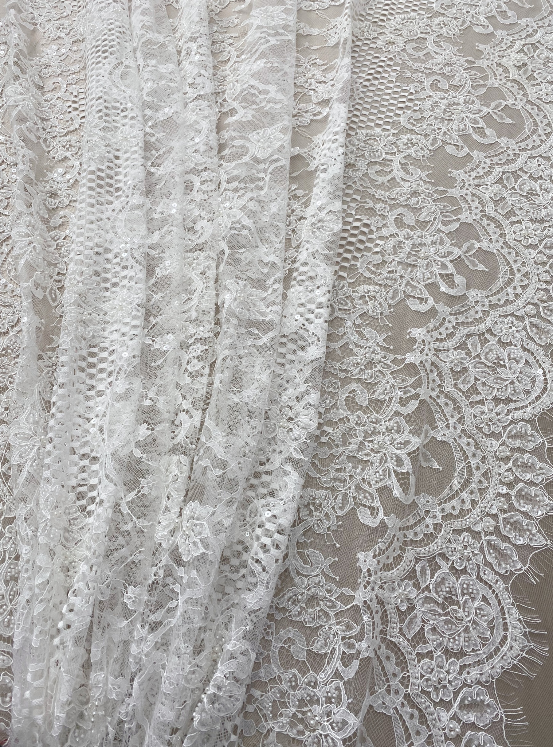 Ivory Beaded Chantilly Lace Fabric for Wedding Dress,Bridal Gown Veil,Sold by 3 Meter