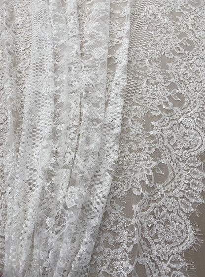 Ivory Beaded Chantilly Lace Fabric for Wedding Dress,Bridal Gown Veil,Sold by 3 Meter