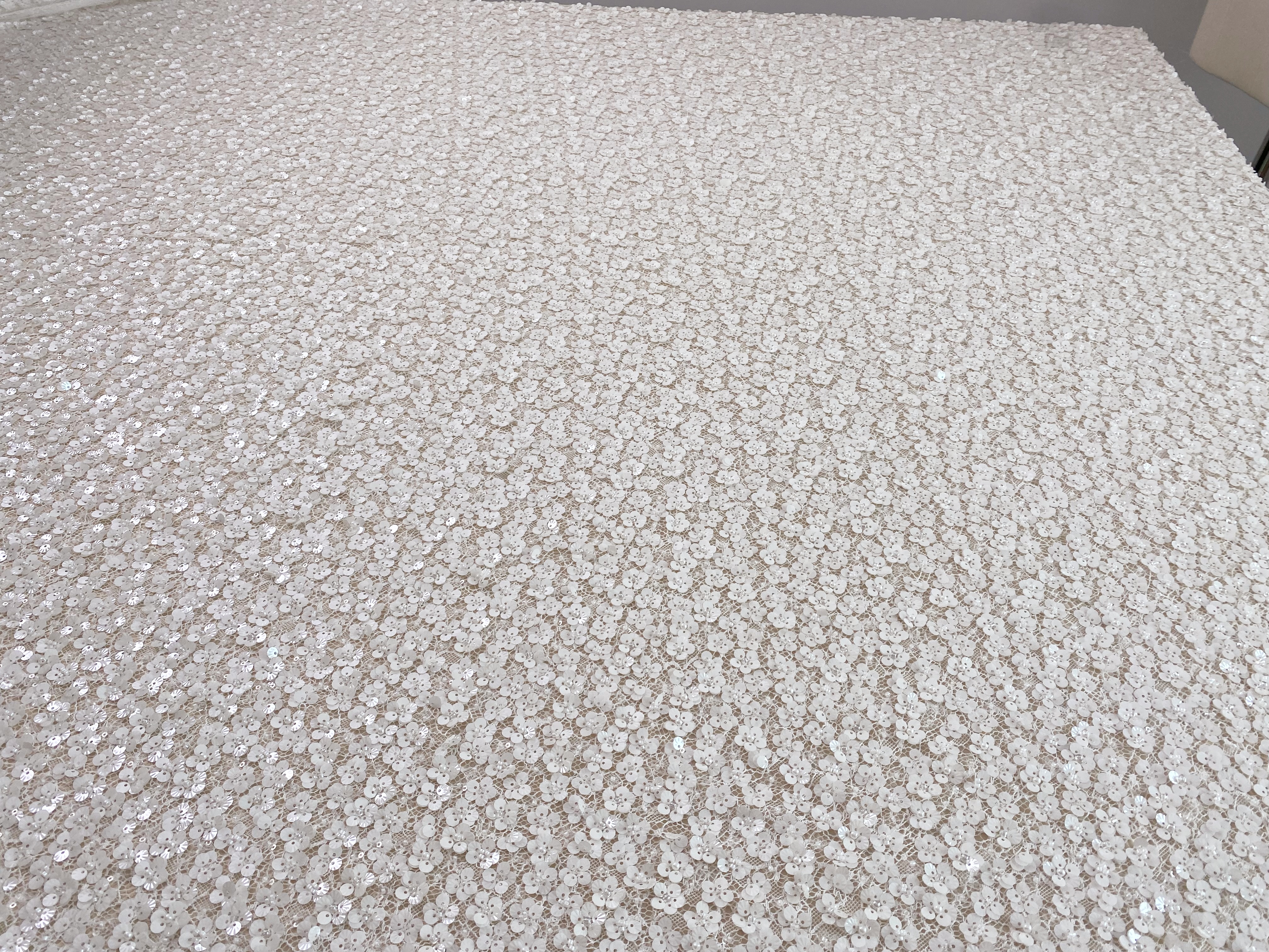 Off-White Floral Beaded Sequin Lace Fabric, 3D Flower Embroidery Lace for Wedding Dress Bridal Gown Material by the Yard