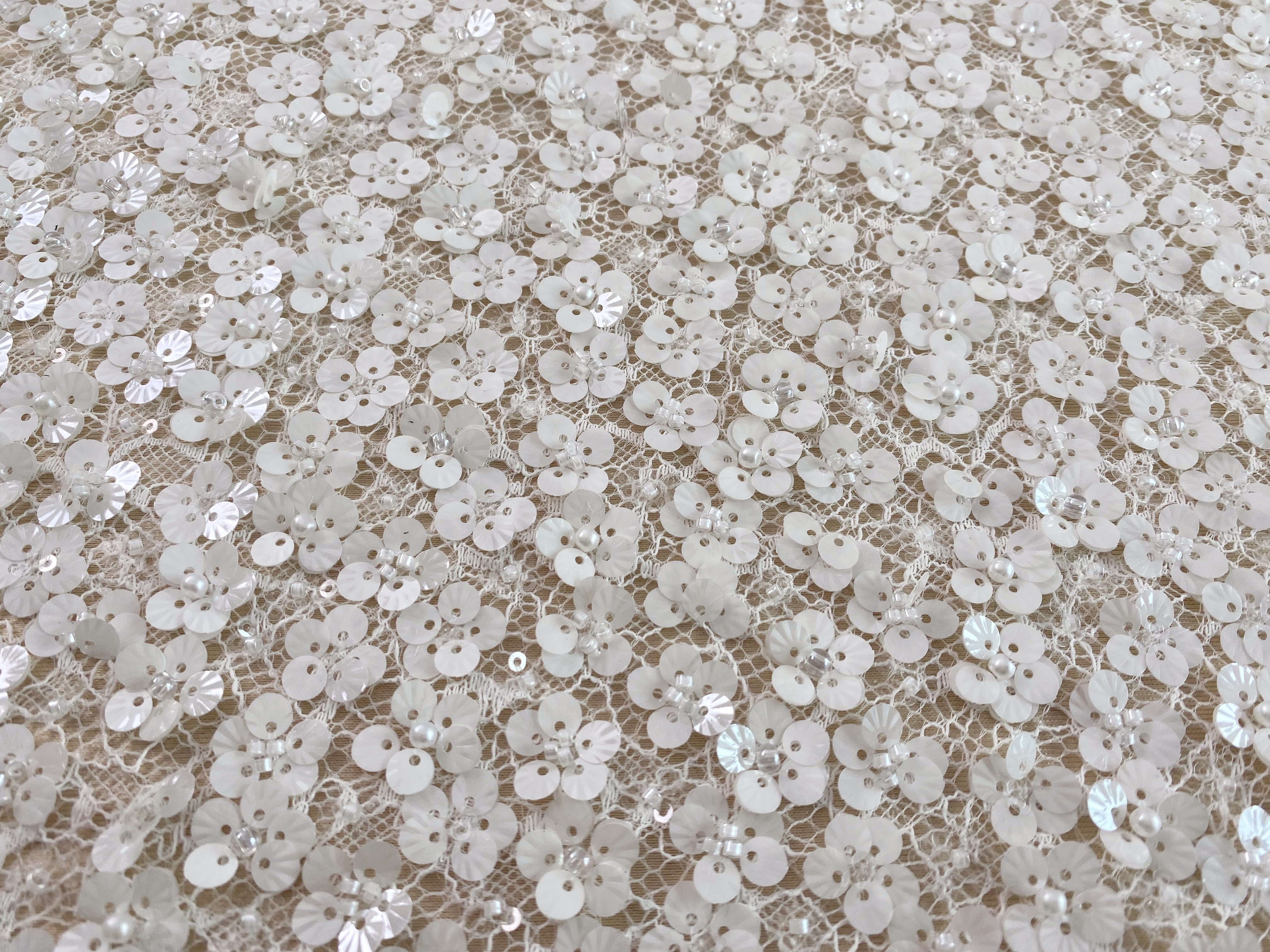 Off-White Floral Beaded Sequin Lace Fabric, 3D Flower Embroidery Lace for Wedding Dress Bridal Gown Material by the Yard