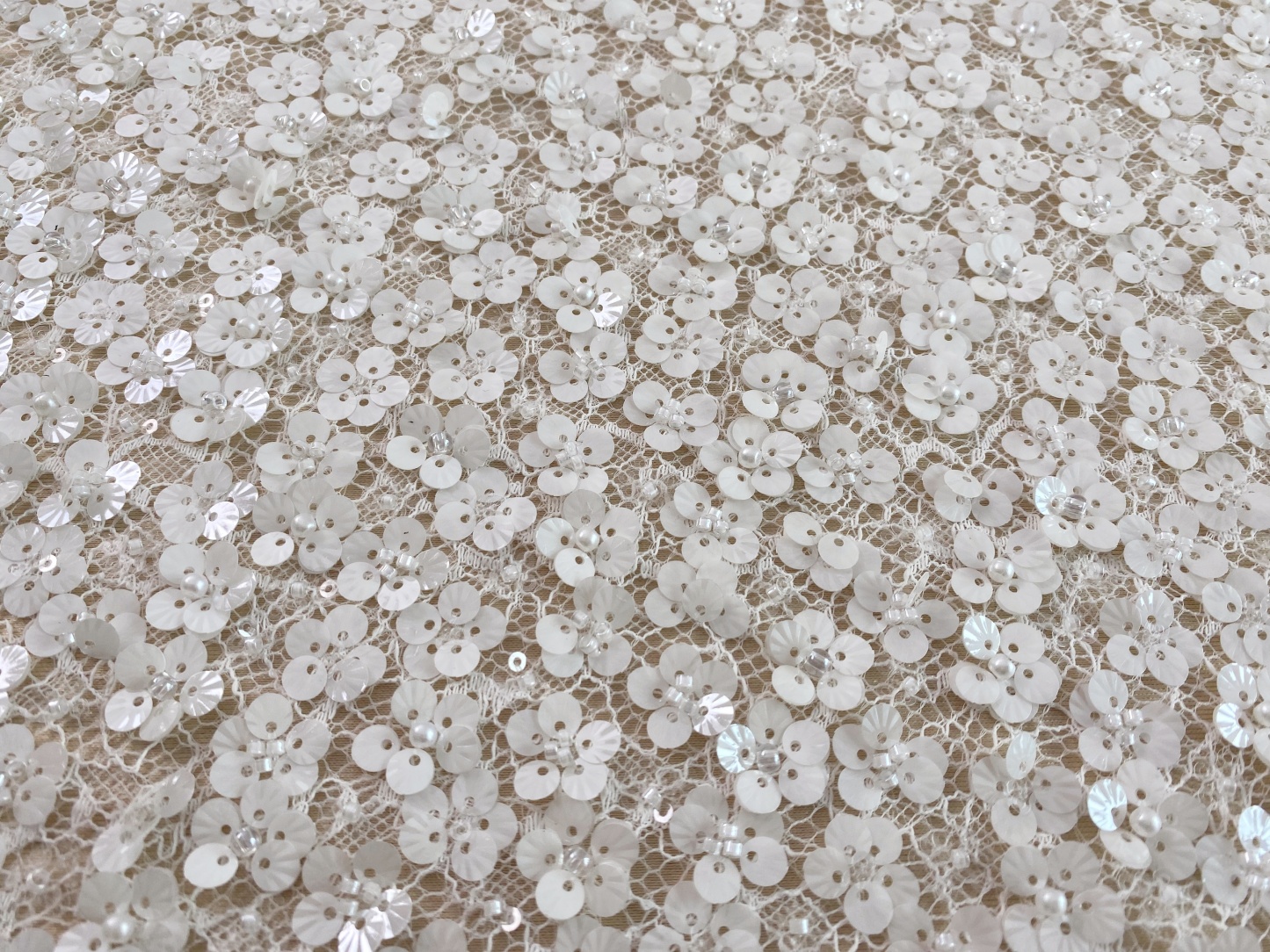 Off-White Floral Beaded Sequin Lace Fabric, 3D Flower Embroidery Lace for Wedding Dress Bridal Gown Material by the Yard
