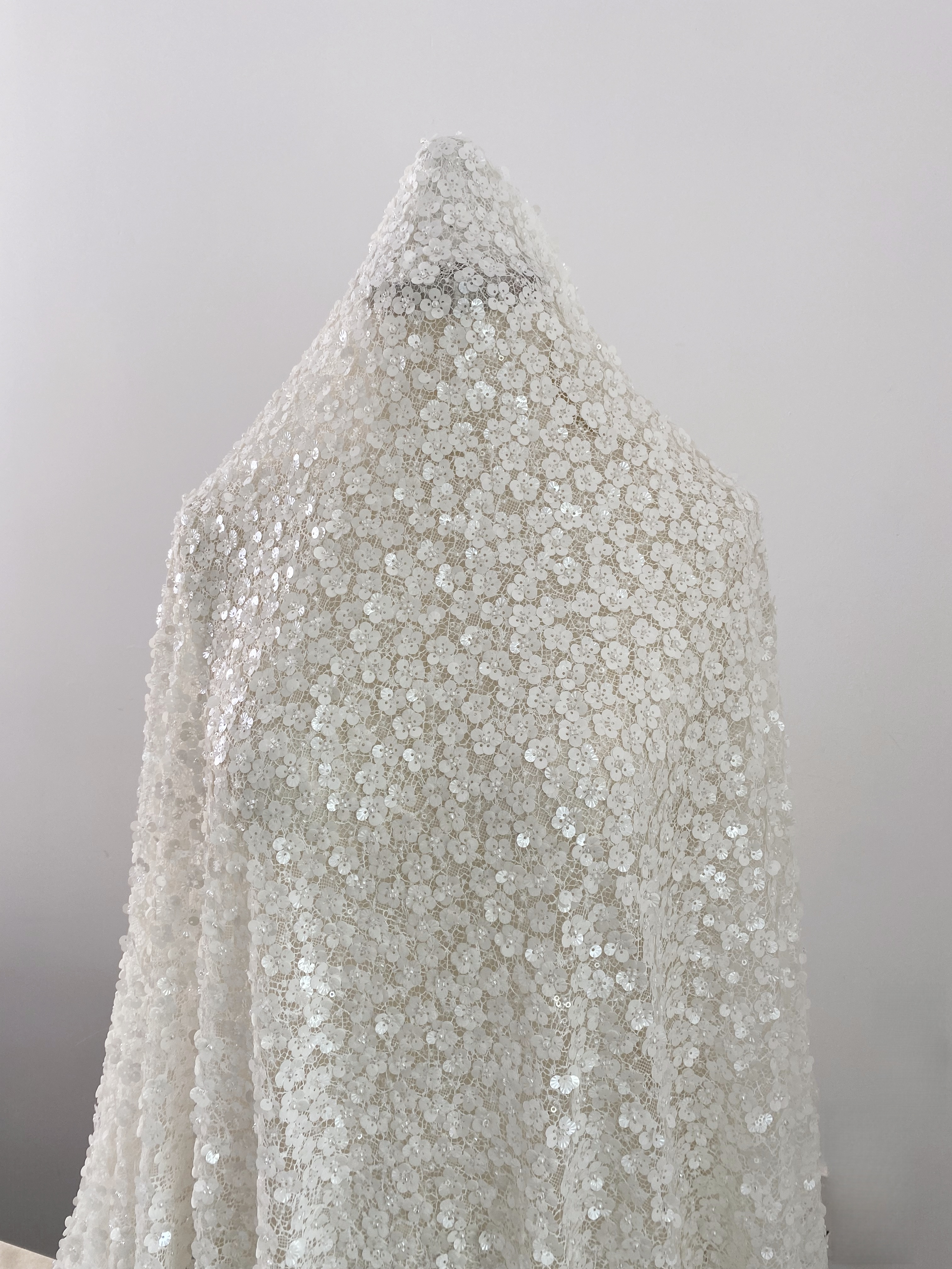 Off-White Floral Beaded Sequin Lace Fabric, 3D Flower Embroidery Lace for Wedding Dress Bridal Gown Material by the Yard