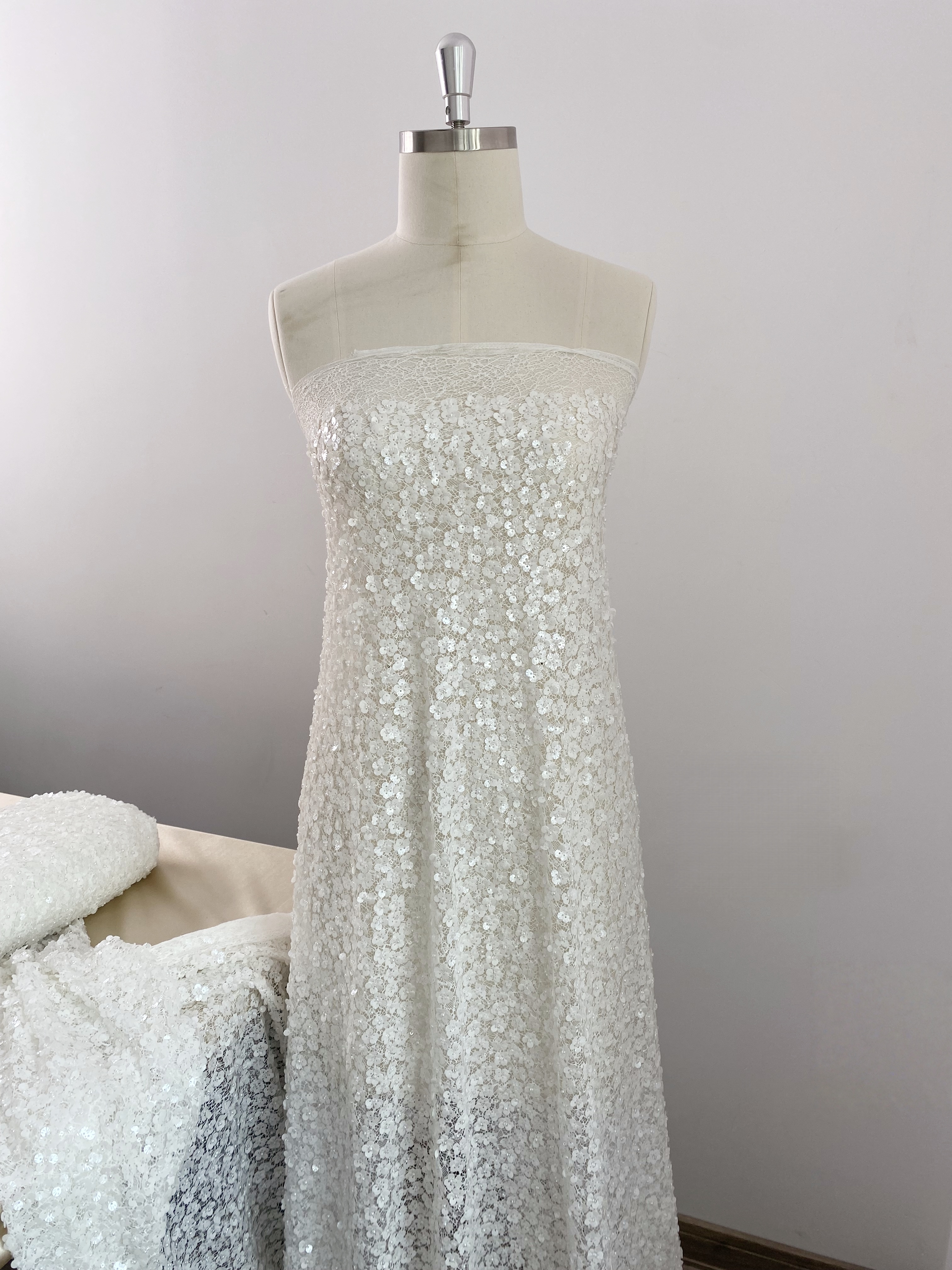 Off-White Floral Beaded Sequin Lace Fabric, 3D Flower Embroidery Lace for Wedding Dress Bridal Gown Material by the Yard