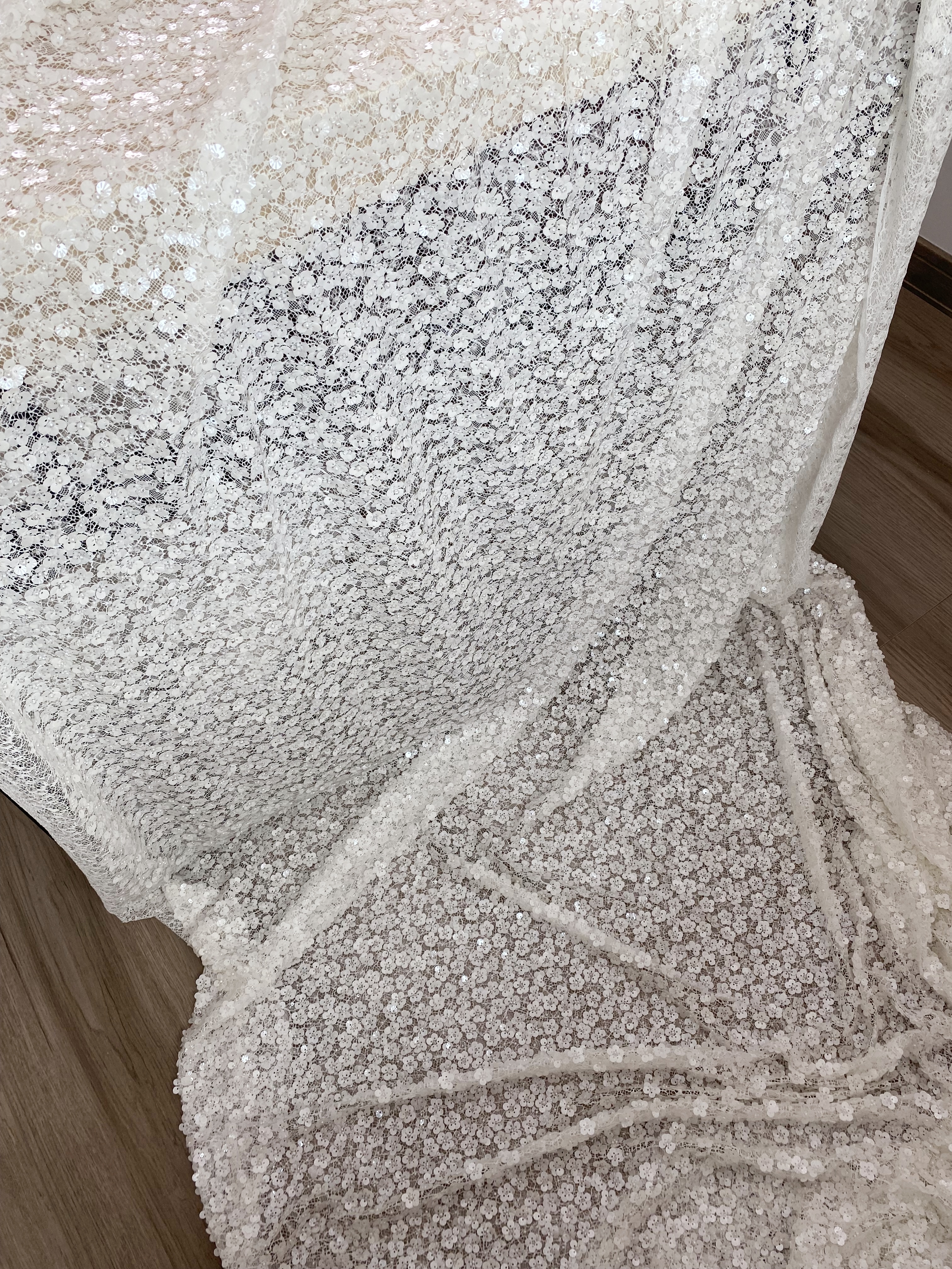 Off-White Floral Beaded Sequin Lace Fabric, 3D Flower Embroidery Lace for Wedding Dress Bridal Gown Material by the Yard