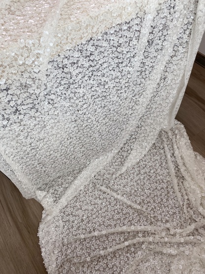 Off-White Floral Beaded Sequin Lace Fabric, 3D Flower Embroidery Lace for Wedding Dress Bridal Gown Material by the Yard