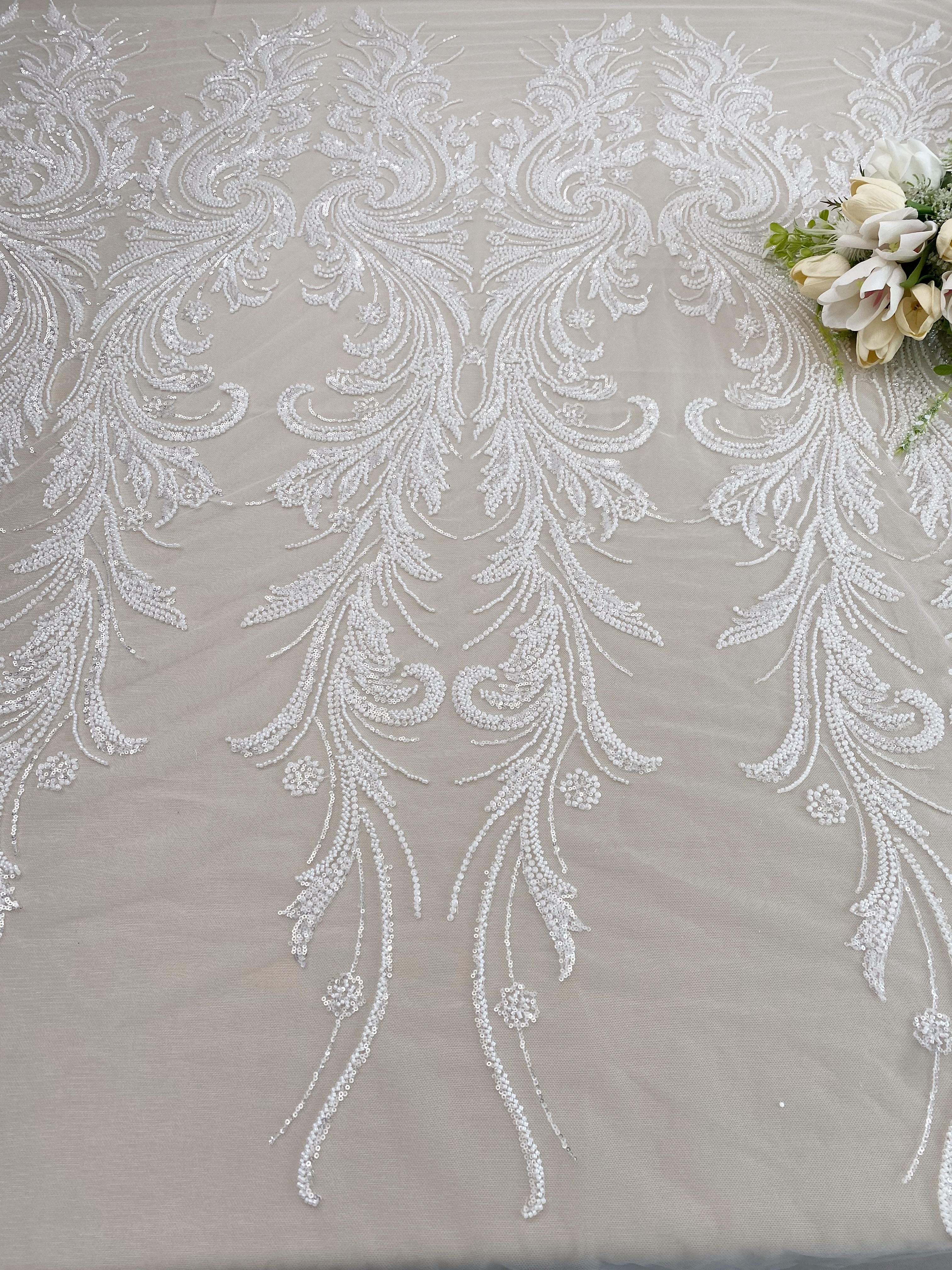 Heavy Beads Lace Fabric,Off White Big Flower Embroidered Lace for Wedding Bridal Gown, Prom Evening Dress, Bodice & Couture Textiles