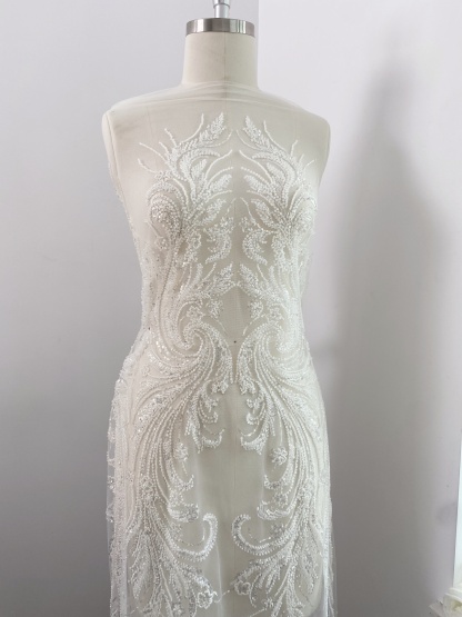 Heavy Beads Lace Fabric,Off White Big Flower Embroidered Lace for Wedding Bridal Gown, Prom Evening Dress, Bodice & Couture Textiles