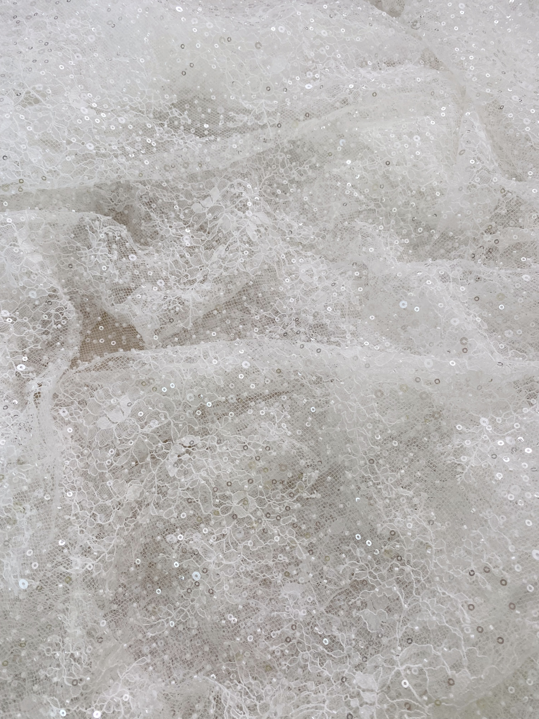 White French Made Beaded Chantilly Lace Fabric Off White Chantilly Lace with Eyelash Fringe Bridal Wedding Gown Material,Sold as 3-Meter Piece