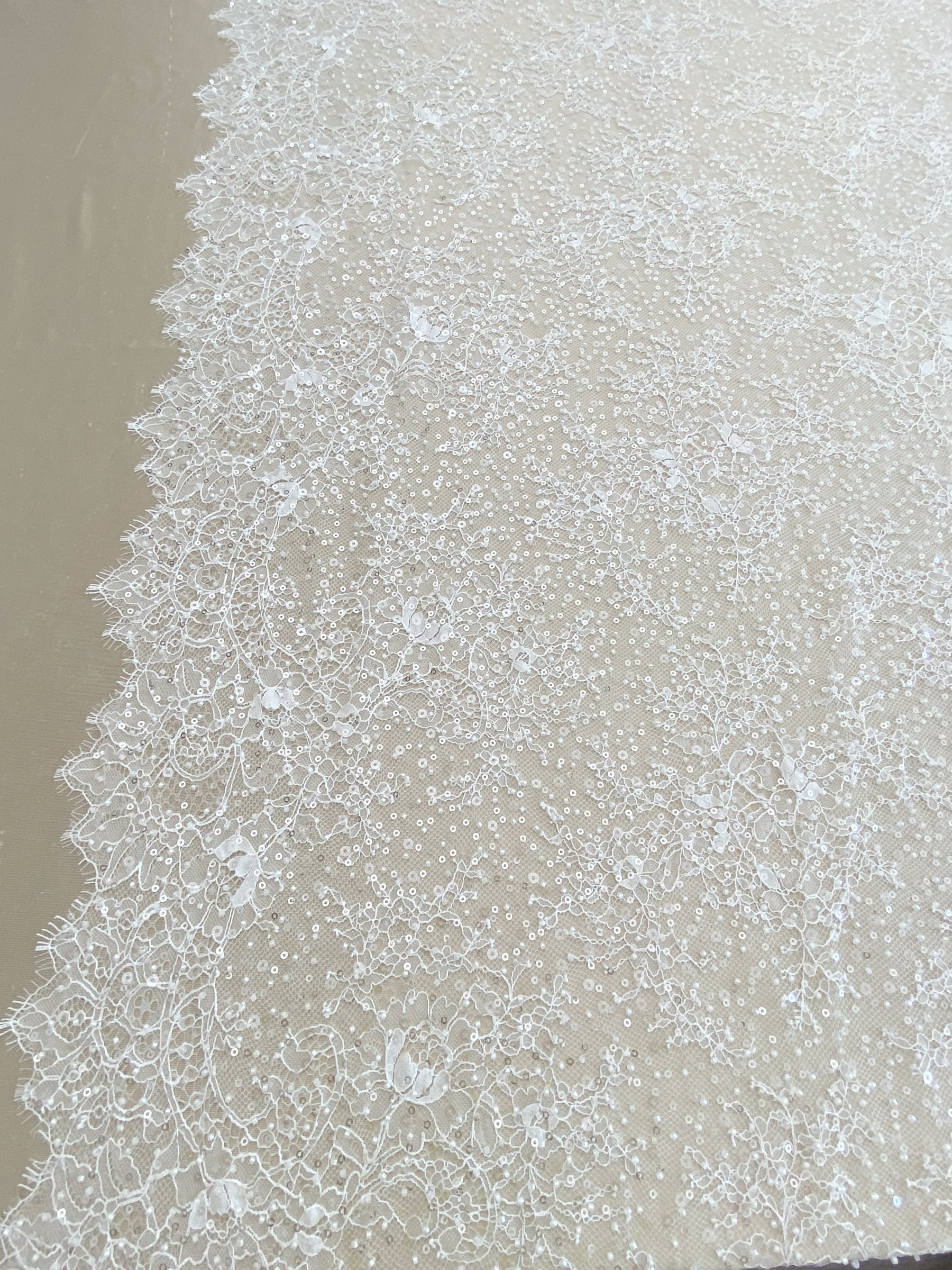 White French Made Beaded Chantilly Lace Fabric Off White Chantilly Lace with Eyelash Fringe Bridal Wedding Gown Material,Sold as 3-Meter Piece