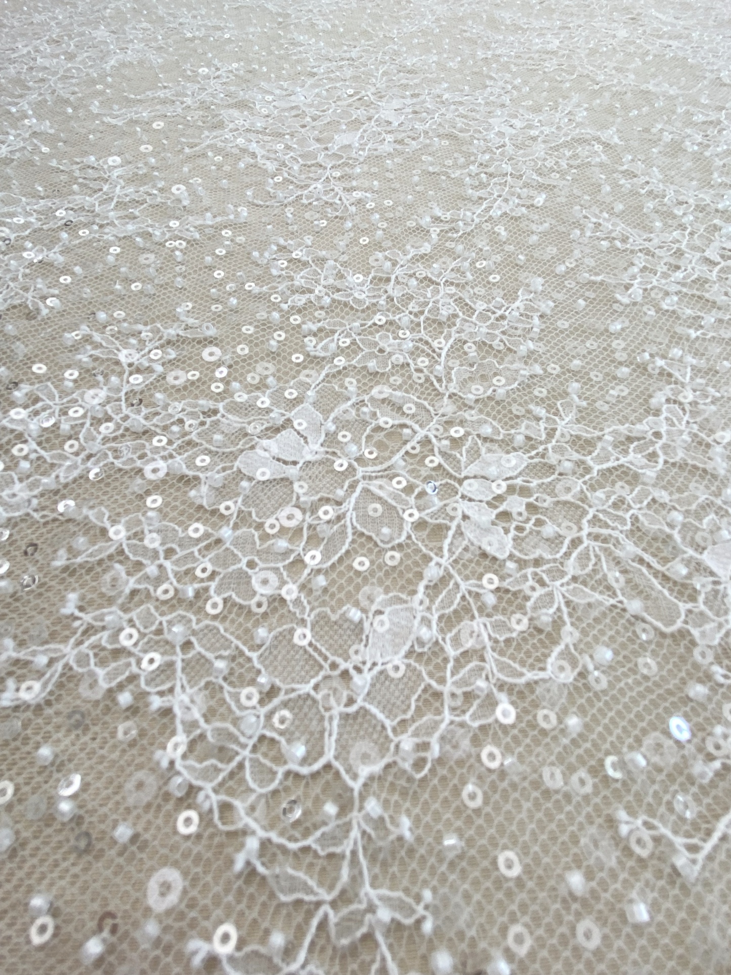 White French Made Beaded Chantilly Lace Fabric Off White Chantilly Lace with Eyelash Fringe Bridal Wedding Gown Material,Sold as 3-Meter Piece