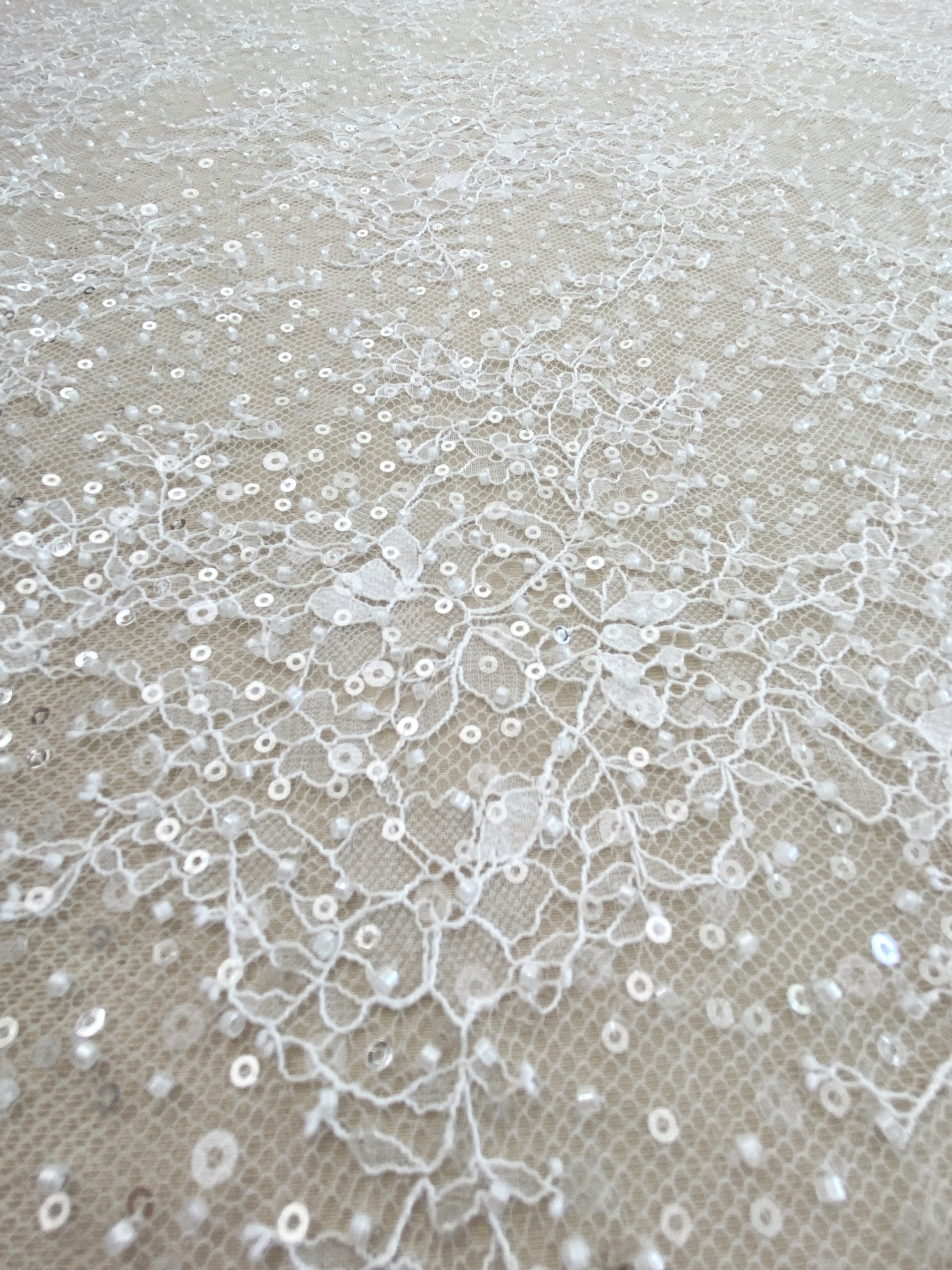 White French Made Beaded Chantilly Lace Fabric Off White Chantilly Lace with Eyelash Fringe Bridal Wedding Gown Material,Sold as 3-Meter Piece