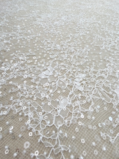 White French Made Beaded Chantilly Lace Fabric Off White Chantilly Lace with Eyelash Fringe Bridal Wedding Gown Material,Sold as 3-Meter Piece