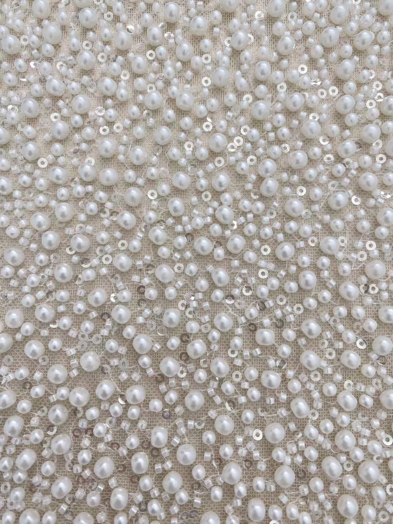 3D Pearl Embroidery Lace Fabric, Heavy Beaded Bridal Dress Lace, Off White Wedding Dress Material, Sequin and Crystal Beaded Lace