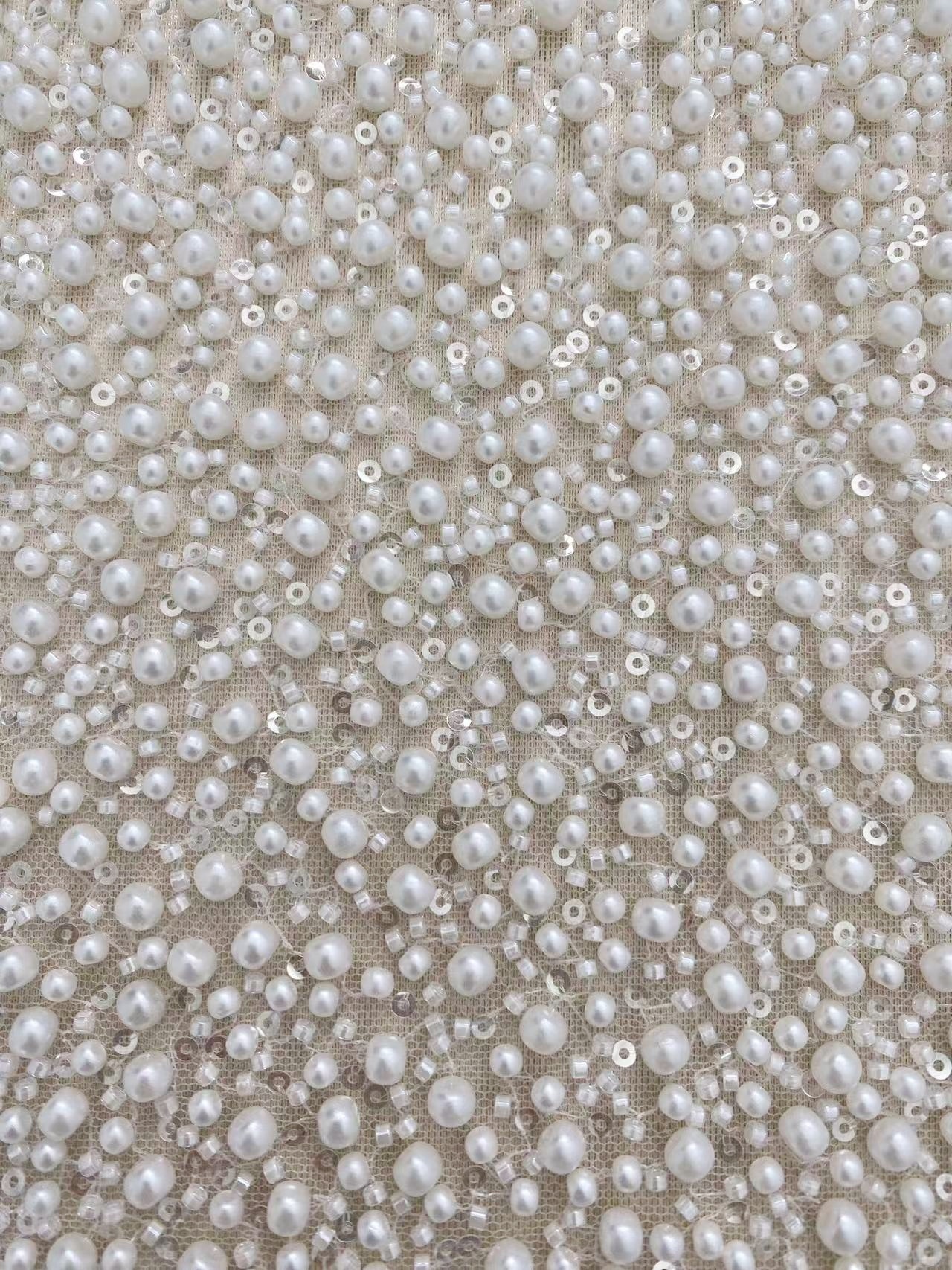 3D Pearl Embroidery Lace Fabric, Heavy Beaded Bridal Dress Lace, Off White Wedding Dress Material, Sequin and Crystal Beaded Lace