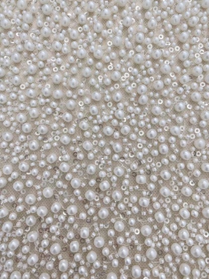 3D Pearl Embroidery Lace Fabric, Heavy Beaded Bridal Dress Lace, Off White Wedding Dress Material, Sequin and Crystal Beaded Lace