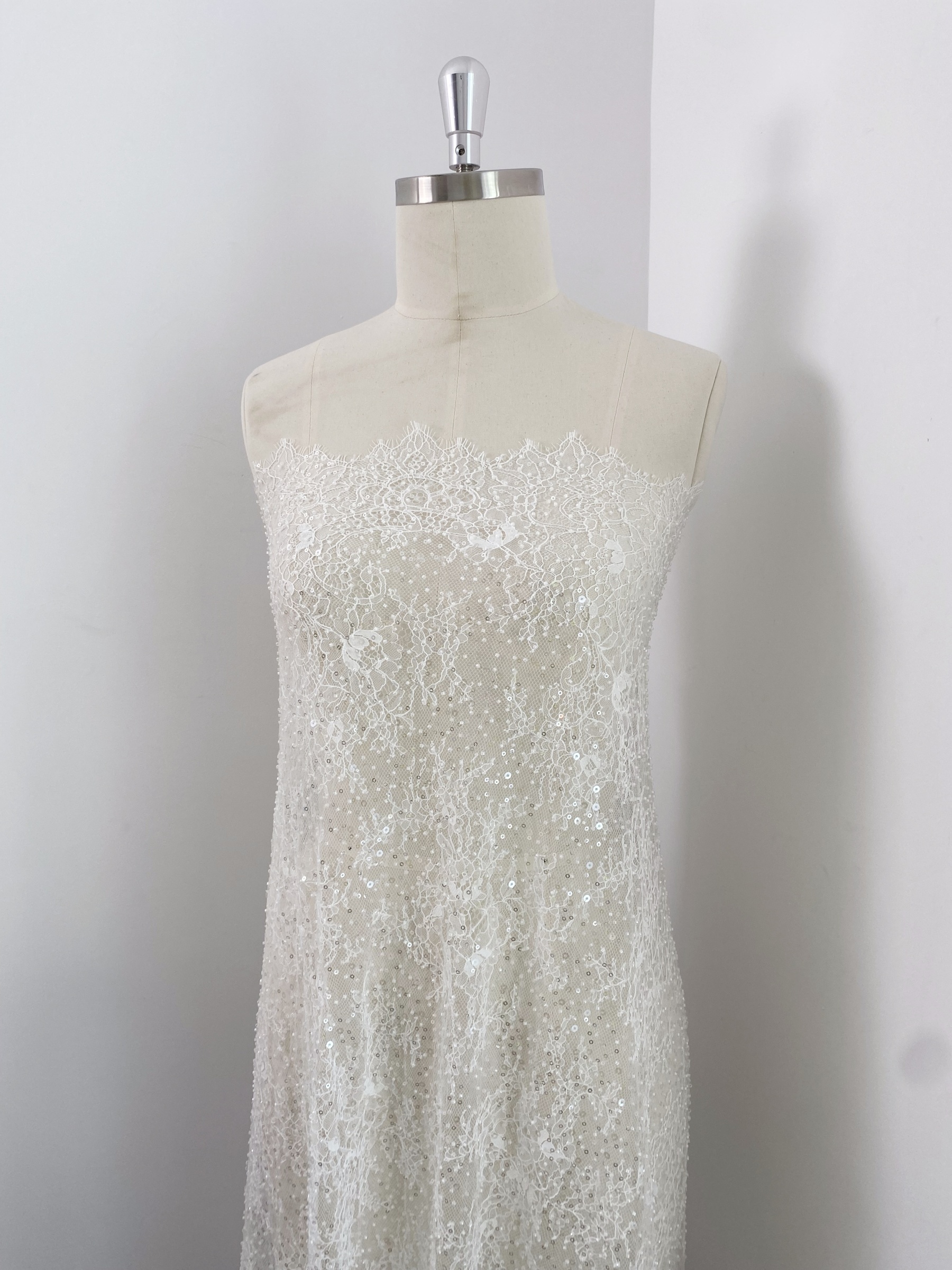 White French Made Beaded Chantilly Lace Fabric Off White Chantilly Lace with Eyelash Fringe Bridal Wedding Gown Material,Sold as 3-Meter Piece