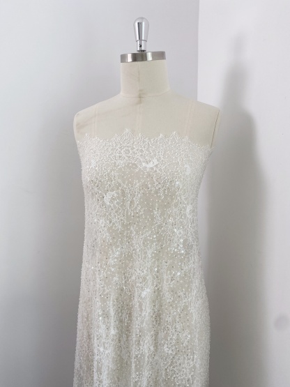 White French Made Beaded Chantilly Lace Fabric Off White Chantilly Lace with Eyelash Fringe Bridal Wedding Gown Material,Sold as 3-Meter Piece