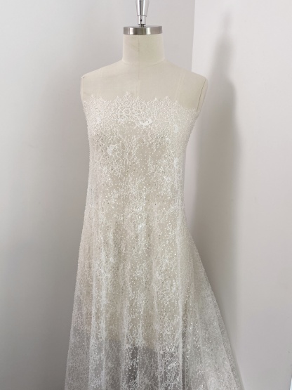 White French Made Beaded Chantilly Lace Fabric Off White Chantilly Lace with Eyelash Fringe Bridal Wedding Gown Material,Sold as 3-Meter Piece