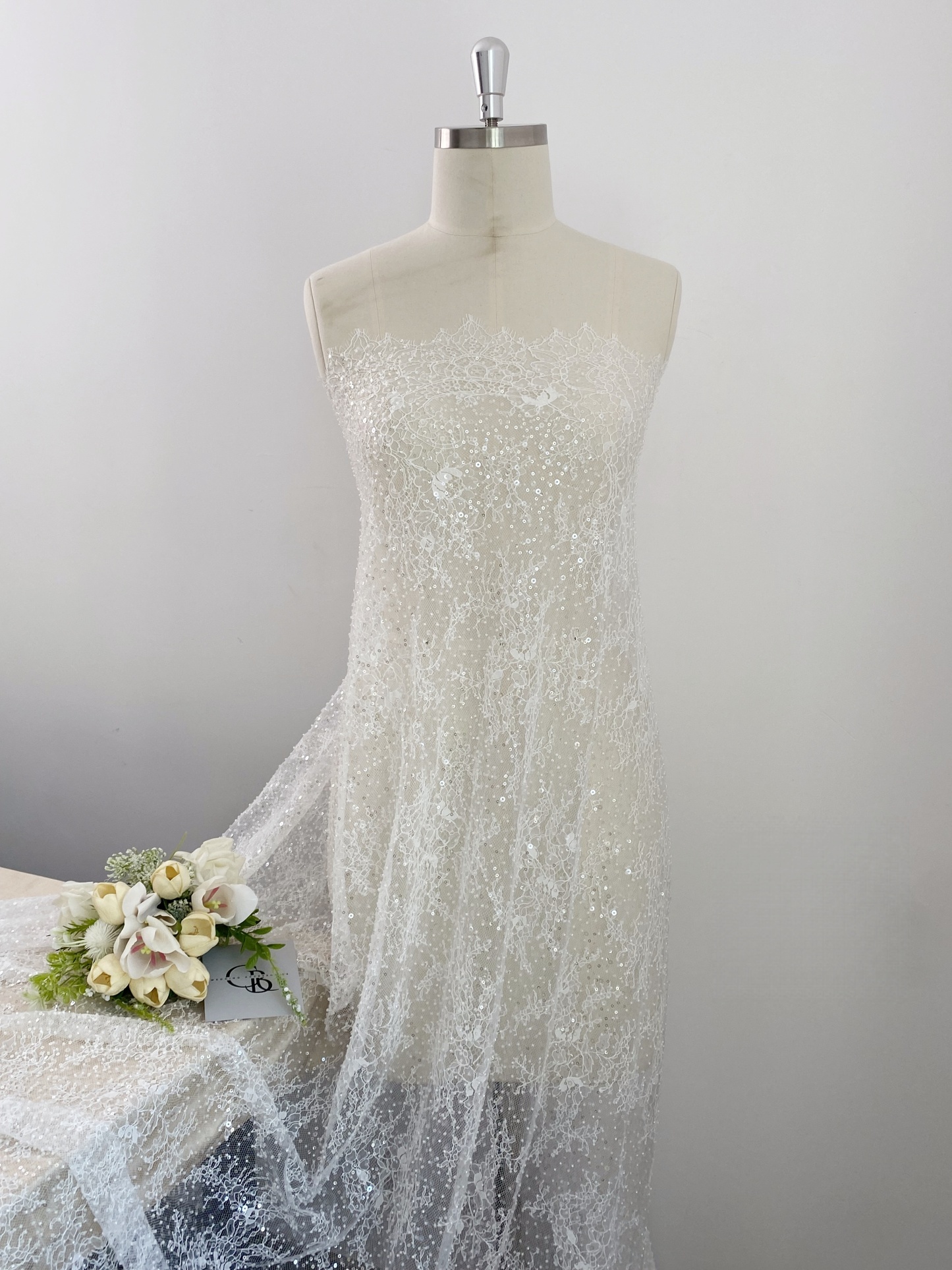 White French Made Beaded Chantilly Lace Fabric Off White Chantilly Lace with Eyelash Fringe Bridal Wedding Gown Material,Sold as 3-Meter Piece