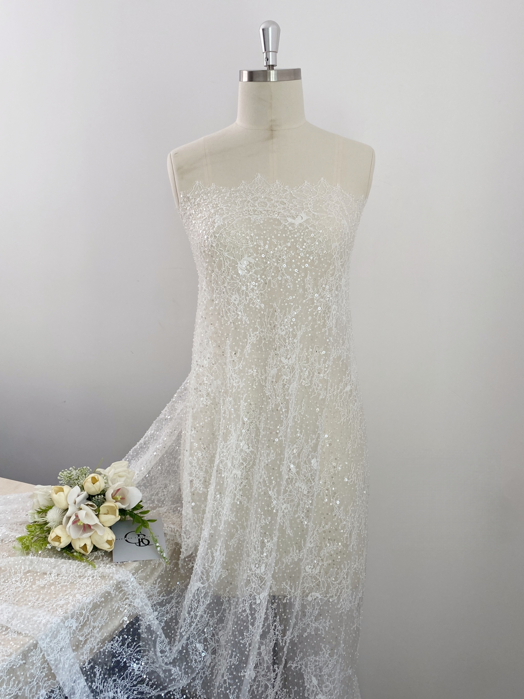 White French Made Beaded Chantilly Lace Fabric Off White Chantilly Lace with Eyelash Fringe Bridal Wedding Gown Material,Sold as 3-Meter Piece