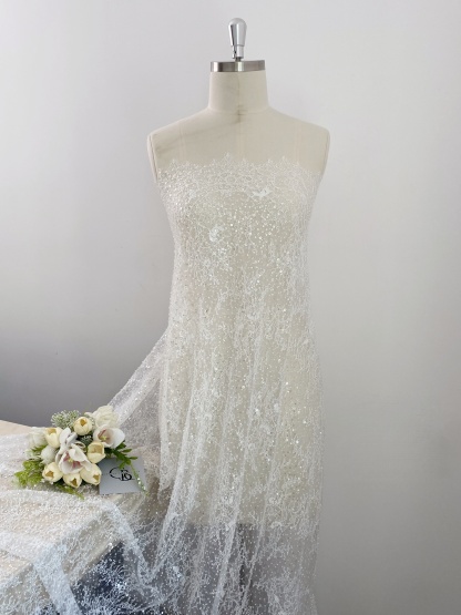 White French Made Beaded Chantilly Lace Fabric Off White Chantilly Lace with Eyelash Fringe Bridal Wedding Gown Material,Sold as 3-Meter Piece