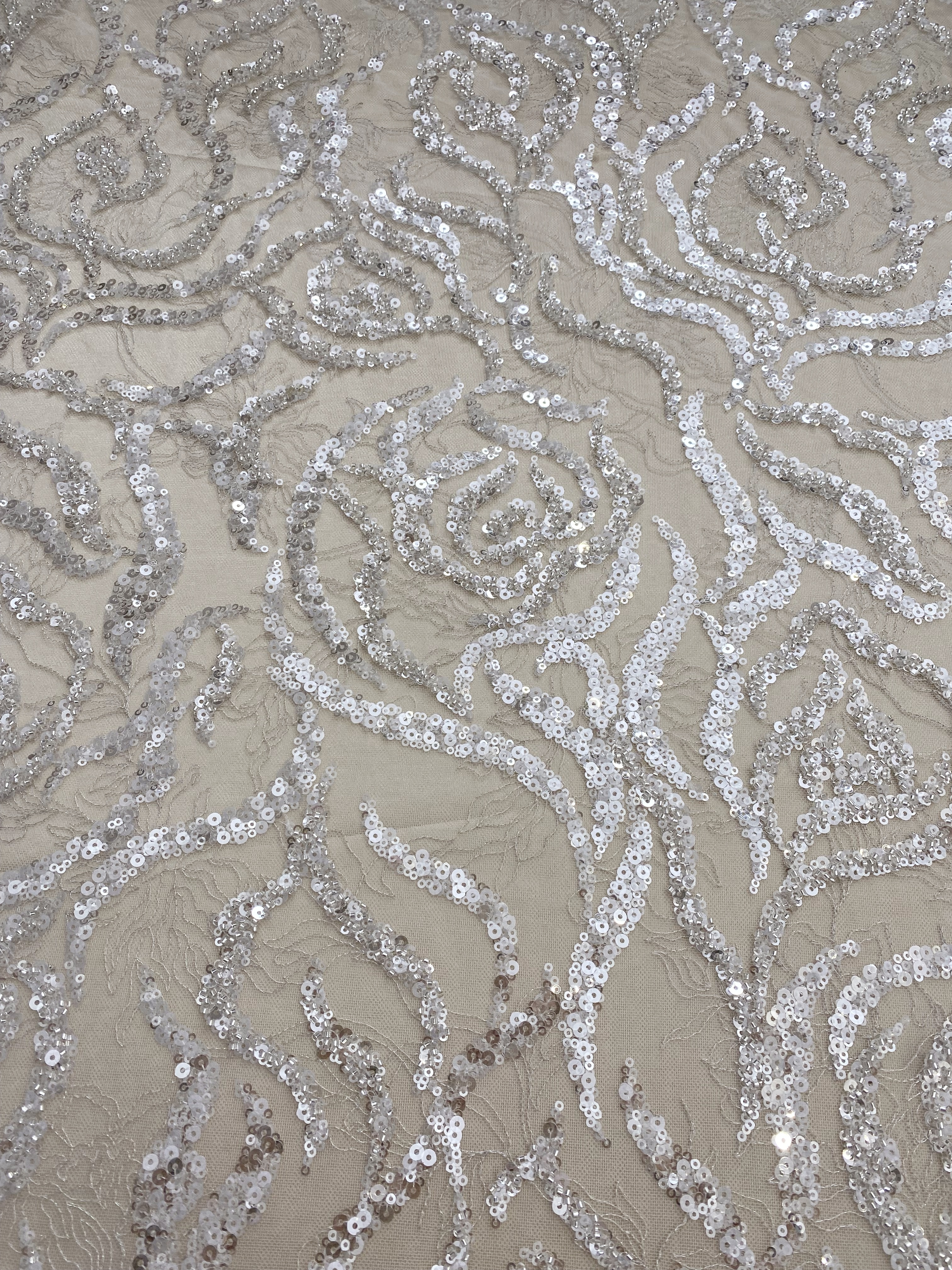Heavy Bead Lace Fabric with Silver Sequins, Couture Rose Lace for Wedding Dress Bridal Gown Material by the Yard