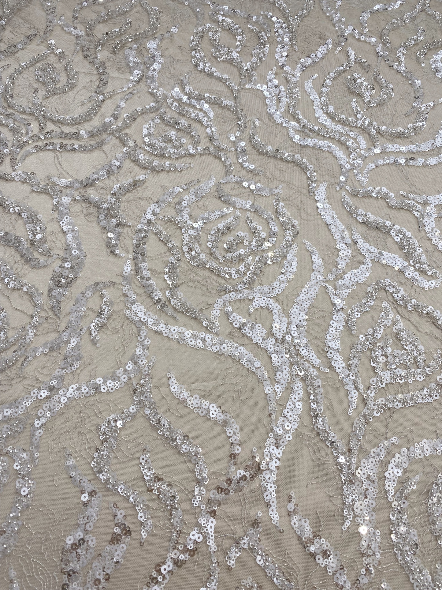 Heavy Bead Lace Fabric with Silver Sequins, Couture Rose Lace for Wedding Dress Bridal Gown Material by the Yard