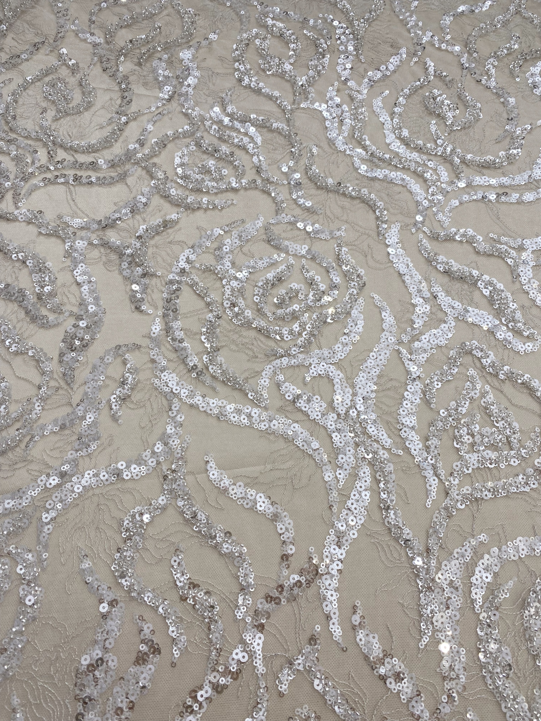 Heavy Bead Lace Fabric with Silver Sequins, Couture Rose Lace for Wedding Dress Bridal Gown Material by the Yard