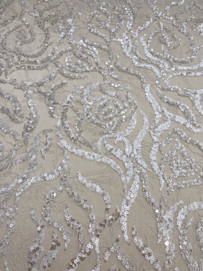 Heavy Bead Lace Fabric with Silver Sequins, Couture Rose Lace for Wedding Dress Bridal Gown Material by the Yard