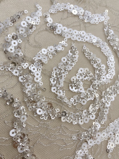 Heavy Bead Lace Fabric with Silver Sequins, Couture Rose Lace for Wedding Dress Bridal Gown Material by the Yard