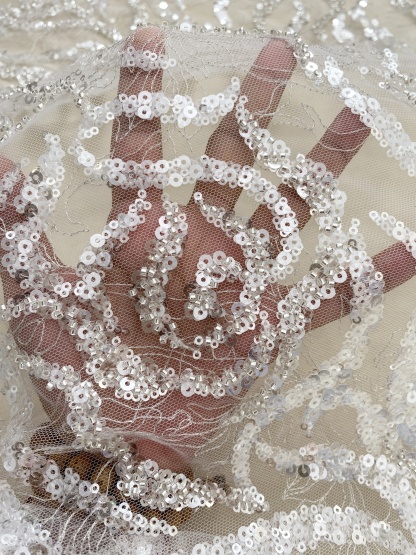 Heavy Bead Lace Fabric with Silver Sequins, Couture Rose Lace for Wedding Dress Bridal Gown Material by the Yard