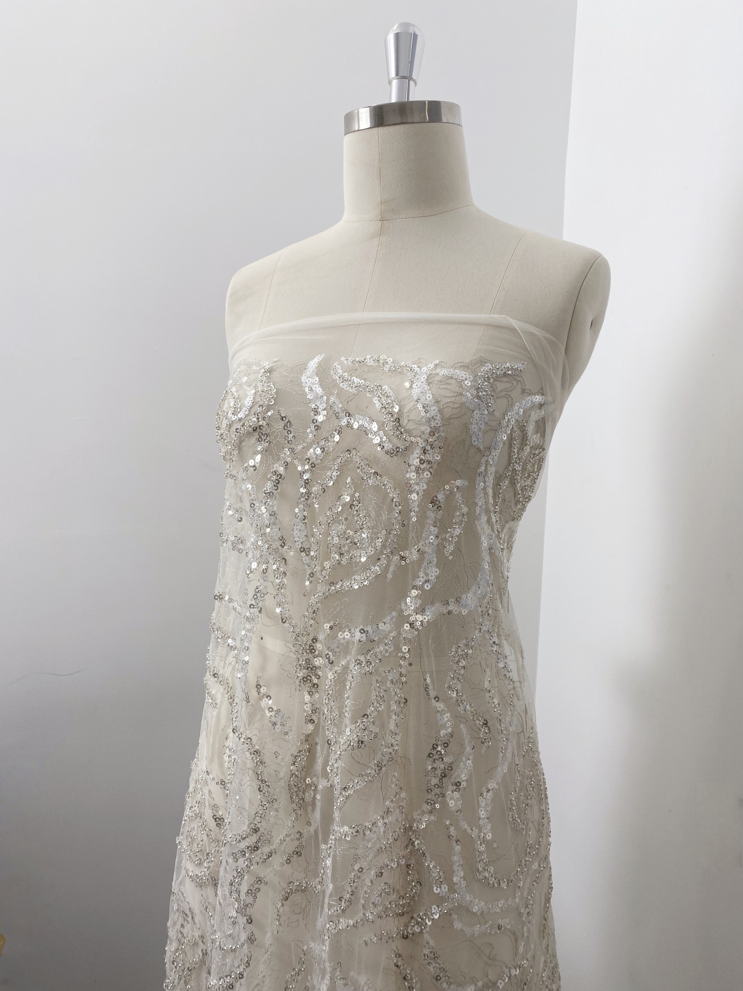 Heavy Bead Lace Fabric with Silver Sequins, Couture Rose Lace for Wedding Dress Bridal Gown Material by the Yard