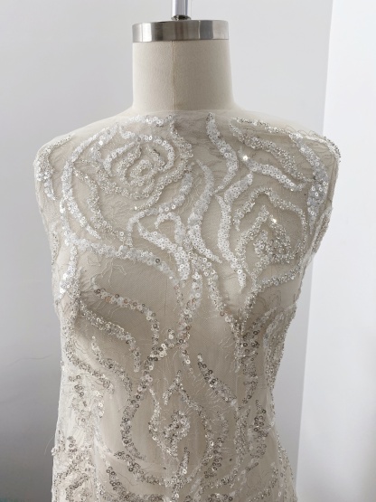 Heavy Bead Lace Fabric with Silver Sequins, Couture Rose Lace for Wedding Dress Bridal Gown Material by the Yard