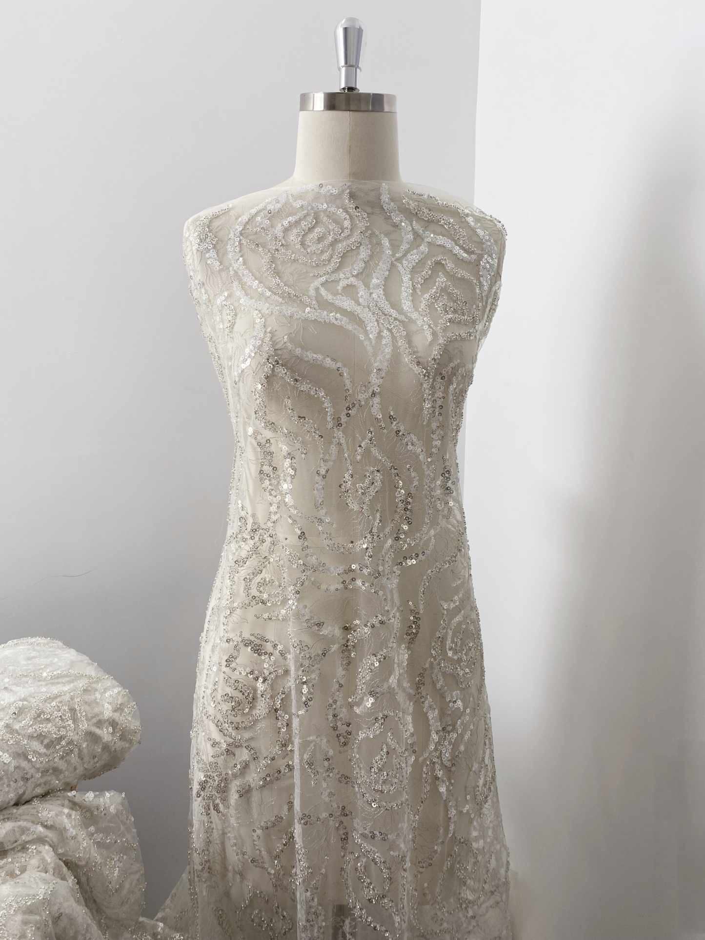 Heavy Bead Lace Fabric with Silver Sequins, Couture Rose Lace for Wedding Dress Bridal Gown Material by the Yard