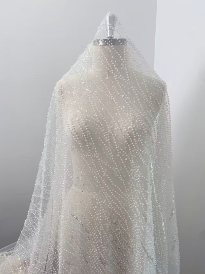 3D Beaded Lace Fabric with Sequins, Bridal Mesh with Volumetric Pearl Beading, Couture Sheer Tulle Embroidery by the yard