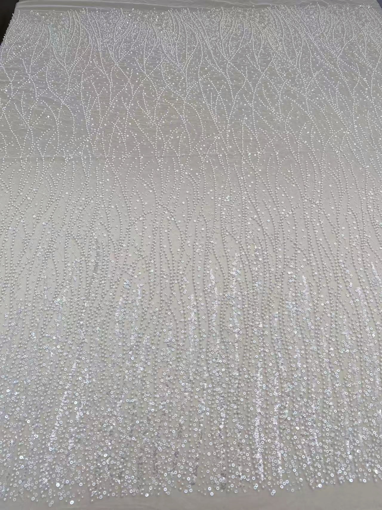 3D Beaded Lace Fabric with Sequins, Bridal Mesh with Volumetric Pearl Beading, Couture Sheer Tulle Embroidery by the yard