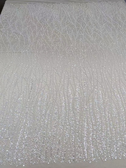 3D Beaded Lace Fabric with Sequins, Bridal Mesh with Volumetric Pearl Beading, Couture Sheer Tulle Embroidery by the yard