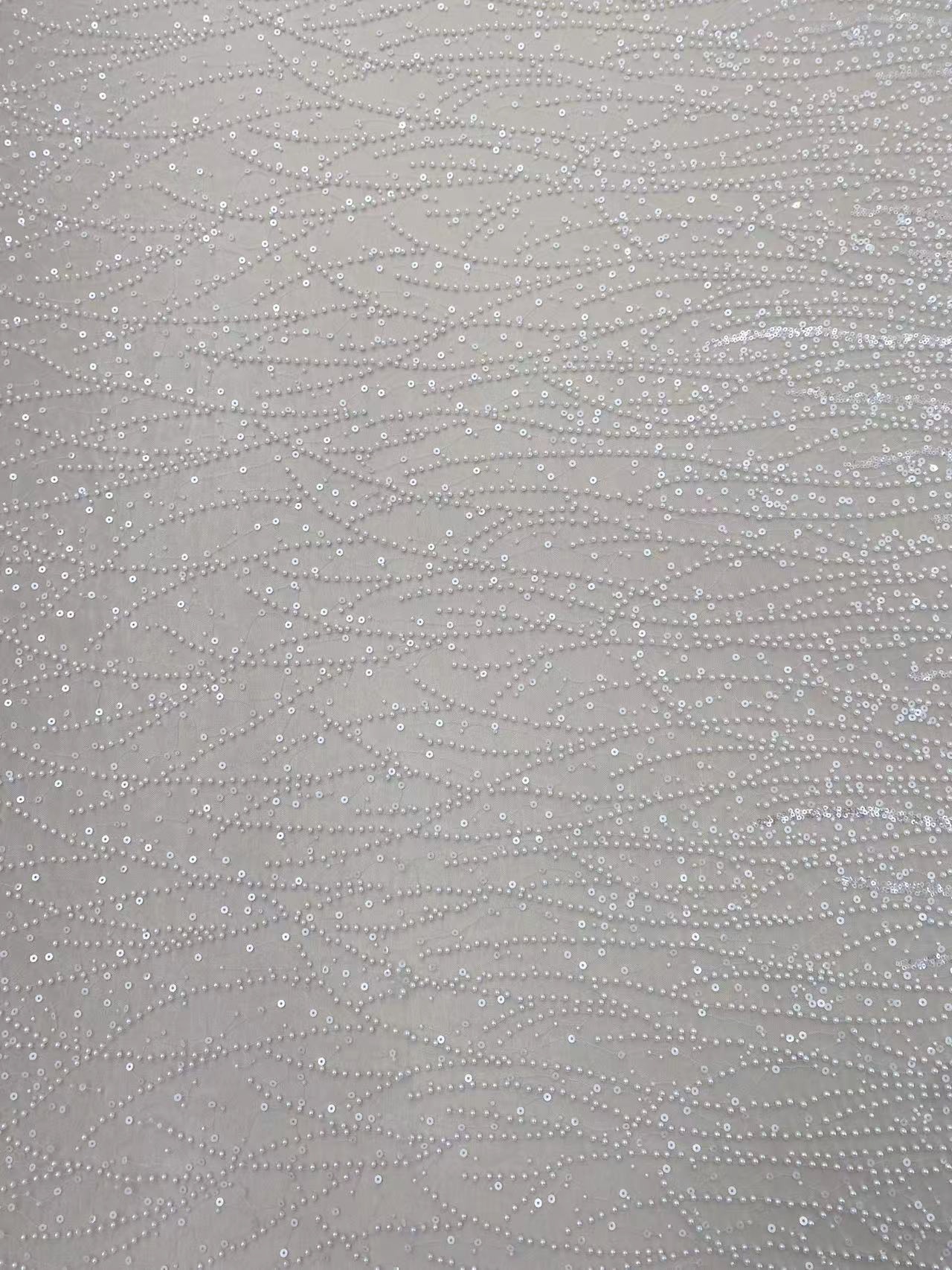 3D Beaded Lace Fabric with Sequins, Bridal Mesh with Volumetric Pearl Beading, Couture Sheer Tulle Embroidery by the yard