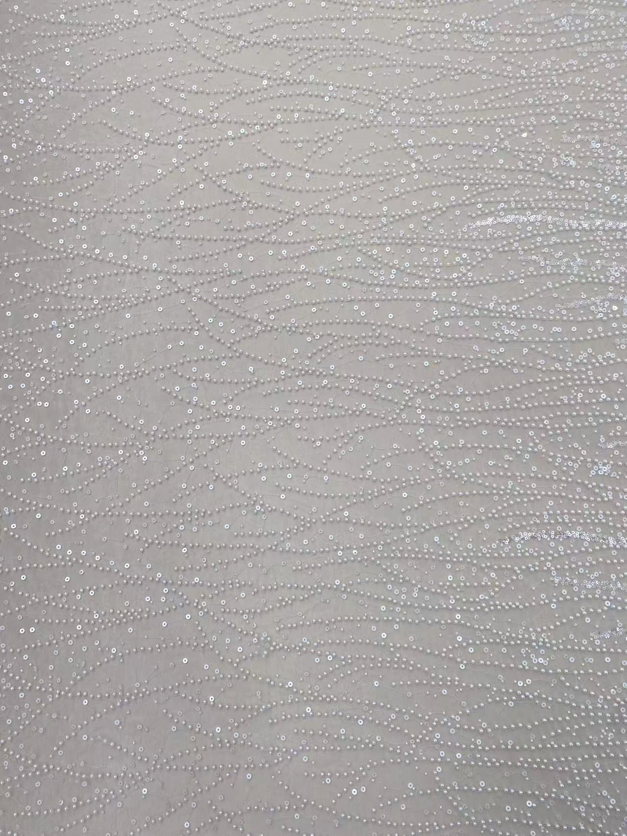 3D Beaded Lace Fabric with Sequins, Bridal Mesh with Volumetric Pearl Beading, Couture Sheer Tulle Embroidery by the yard