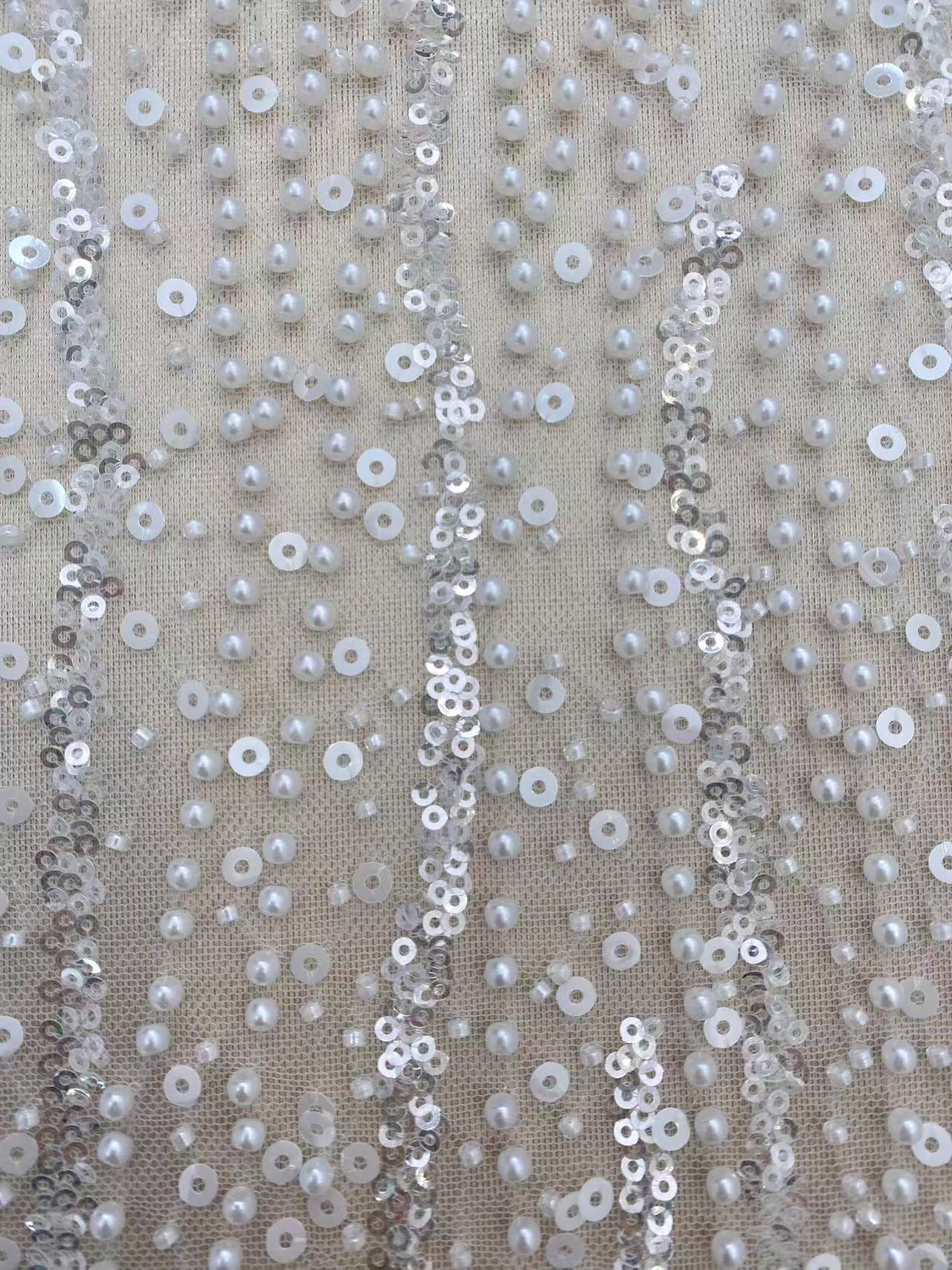 3D Beaded Lace Fabric with Sequins, Bridal Mesh with Volumetric Pearl Beading, Couture Sheer Tulle Embroidery by the yard