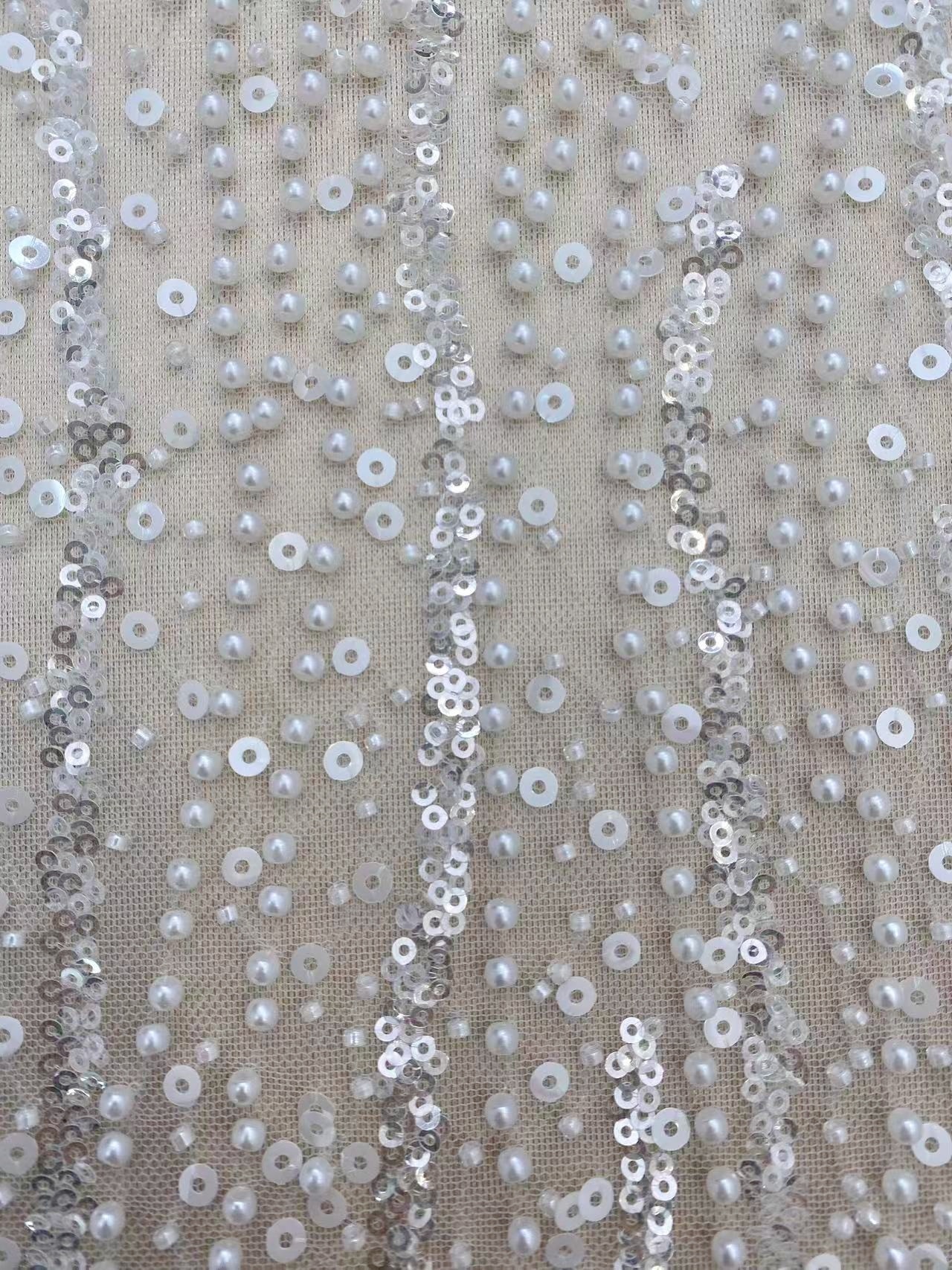 3D Beaded Lace Fabric with Sequins, Bridal Mesh with Volumetric Pearl Beading, Couture Sheer Tulle Embroidery by the yard