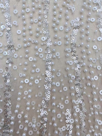 3D Beaded Lace Fabric with Sequins, Bridal Mesh with Volumetric Pearl Beading, Couture Sheer Tulle Embroidery by the yard
