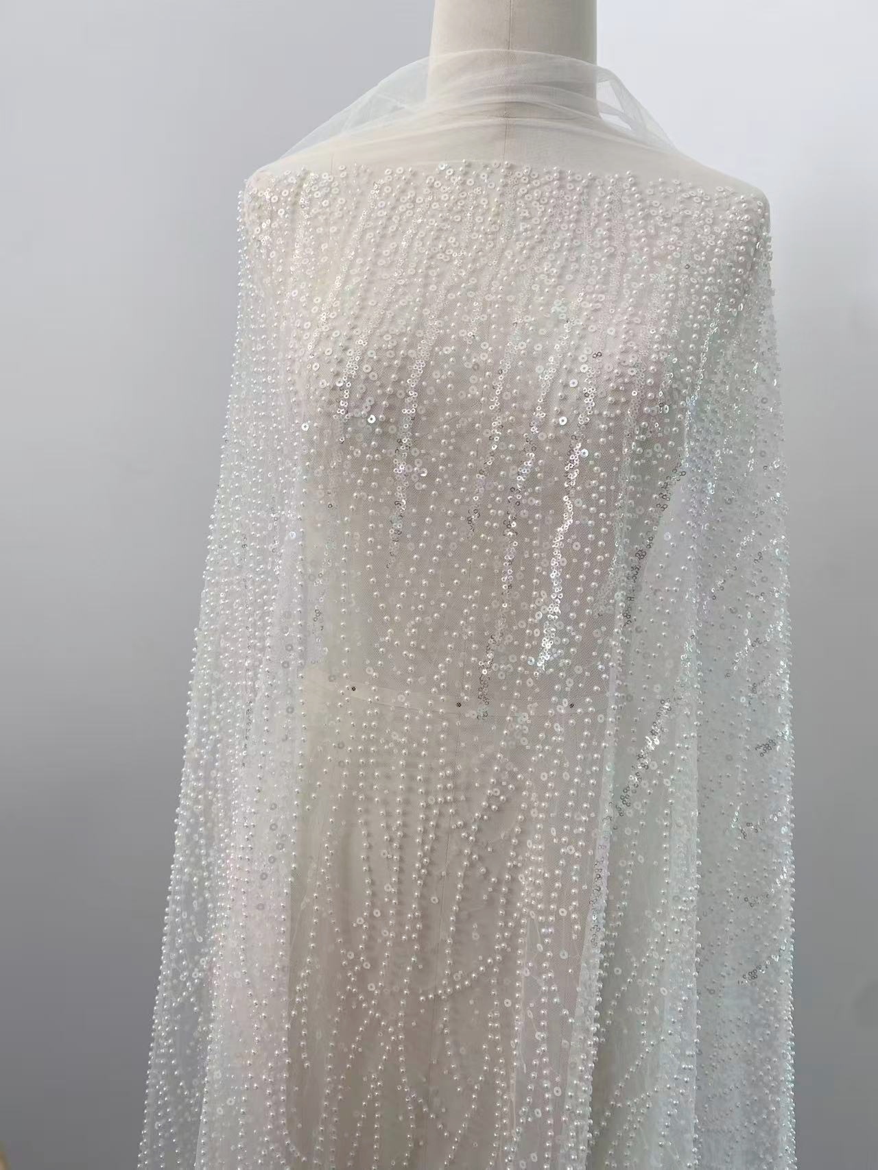 3D Beaded Lace Fabric with Sequins, Bridal Mesh with Volumetric Pearl Beading, Couture Sheer Tulle Embroidery by the yard